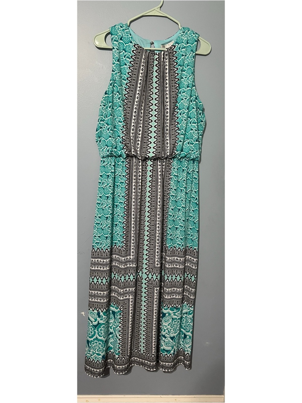 London Style Teal and Black Printed Sleeveless Maxi Dress